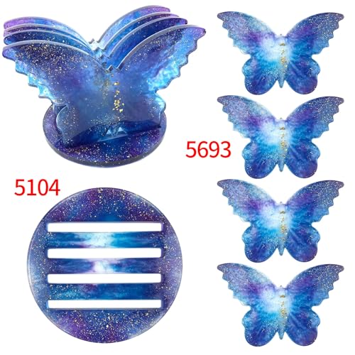 Butterfly Coaster Resin Mold Set, 5-Piece Silicone Casting Molds with Base for Table Decor, Dining Table Coffee red Wine Coaster Making Tools