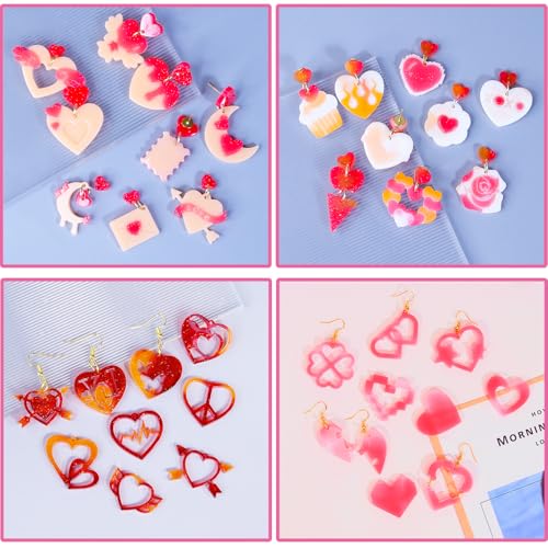 4 Pack Heart Resin Earring Molds Love Heart Flower Shape Earring Silicone Molds for Mother's Day Epoxy Casting UV Resin Molds with 200 Earring Hook kit for DIY Crafts Jewelry Making Keychains Pendant - color: Clear-heart shape