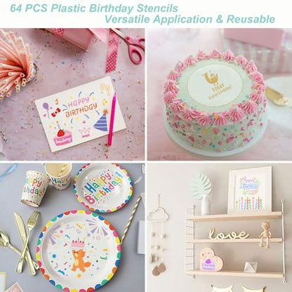 Birthday Stencils for Painting, 64 Pcs 3 Inch for Cards Scrapbooks | Reusable & Easy to Clean, Cake & Party Icons, Favor Bags, Cupcake Picks, Classroom Projects, Beginner Friendly - color: Birthday