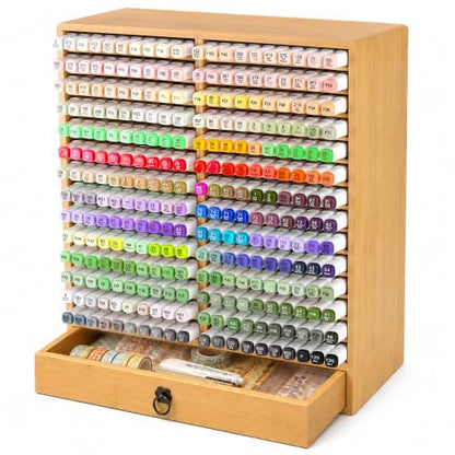 280 Marker Organizer, Bamboo Wooden Storage for Alcohol Markers Pens Pencils, No Assembly, Large Desk Holder for Artists Teachers Students, Classroom Office Art Supply (B With Drawer) - style: B With Drawer