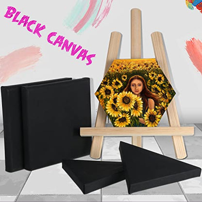 Epakh 12 Pcs Black Canvas for Painting Stretched Canvas Cotton Square Triangle Hexagon Blank Boards Panels Art with Frame Panel Stretched Boards for Oil Acrylic(6 Inch) - size: 6 Inch
