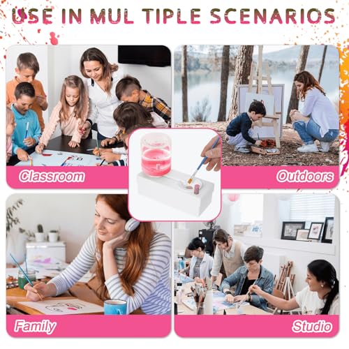 Upgraded All in 1 Paint Brush Cleaner Tool Paint Brush Rinser Paint Water Dispenser Painting Station for Acrylic, Watercolor, Oil Christmas&Birthday Gift for Kids（Give 4 Pen & Pen holder & paint tray） - color: 02 Pink