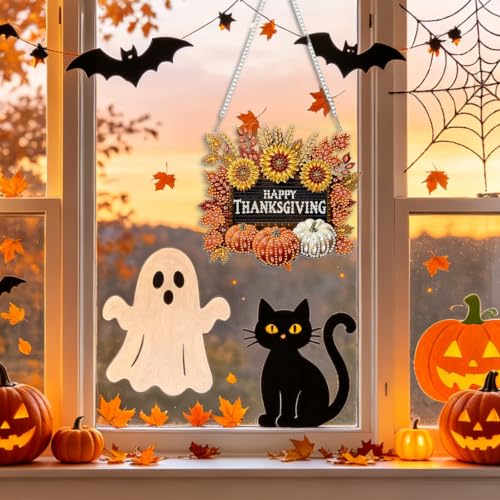 CEOVR Thanksgiving Hanging Diamond Art for Adults, Autumn Pumpkin Sunflower Diamond Painting Pendant, DIY Special Shape Gem Art Window Ornament, Acrylic Home Wall Decor with Chain, Box Kit 7.87×6.98in - color: 31-Thanksgiving