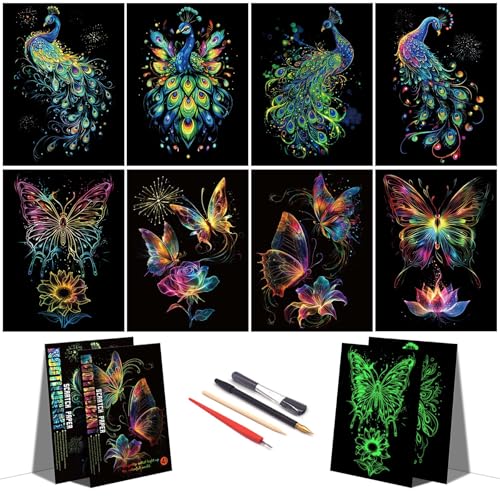 DESINIK Rainbow Scratch Painting Art for Adults–Glow in The Dark Scratch Rainbow Art Paper, Creative Scratch Painting Kit, Stress Relief for Scratch Art Home/Office Décor (Butterfly&Peacock - color: Butterfly&Peacock