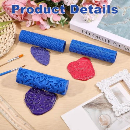 3Pcs 3Styles Polymer Clay Texture Roller Plastic Floral Embossed Pattern Handle Clay Texture Roller Pottery Tools for Pottery & Crafting Mixed Shapes Blue - color: Blue