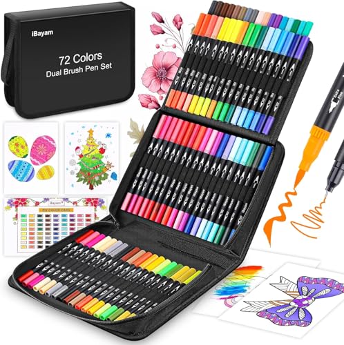 72-Color Dual Tip Markers, Fine & Brush Pens for adult coloring & lettering | 0.4mm Fineliner Pens, water-based non-toxic ink, carry bag, Note-Taking, Calligraphy, Journaling, Sketching and Lettering