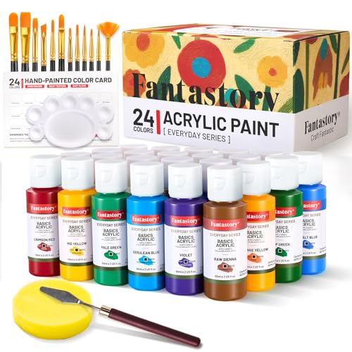 Fantastory 60ml 24 Colors Acrylic Paint Set with 12 Brushes | Waterproof, Great for Artwork & DIY Projects on Canvas, Wood, Glass, Clay, Fabric, Ceramic, Paper - style: 24 popular Colors