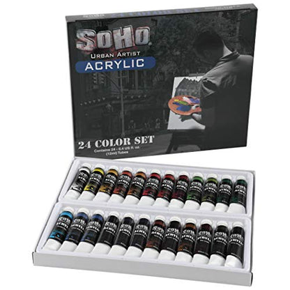 Soho Urban Artist Acrylic Paint - Thick, Rich, Water-Resistant, Heavy Body Paint, Basic Set of 24, Set of 24-12mL - size: Set of 24 - 12mL