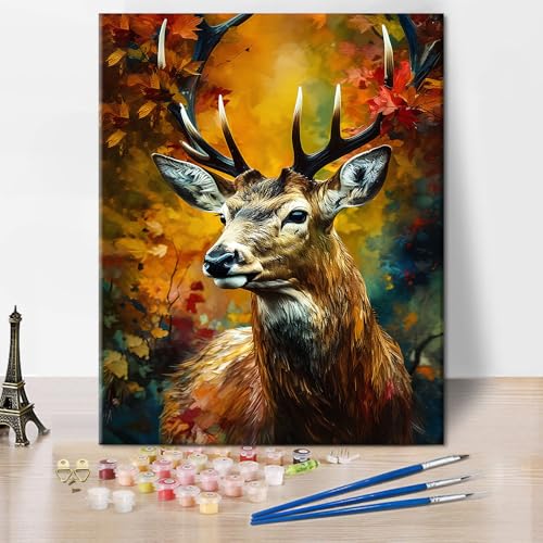 TUMOVO Paint by Numbers Kit for Adults Beginner Majestic Deer Painting | Animal Forest Landscape, Pre-numbered Canvas with Acrylic Paints, Match Numbers to Colors, No Color Mixing Needed, 16x20 Inch - color: Deer