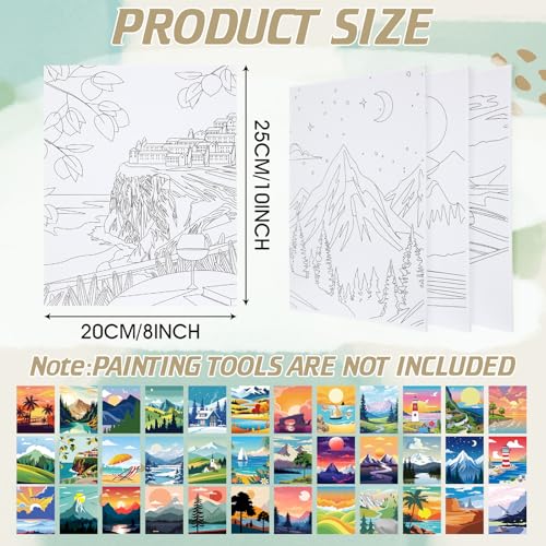 Harloon 36 Pcs 8 x 10 Inch Pre Drawn Canvas for Painting Pre Stretched Canvas Painting for Adults Illustration Landscape Outline for Sip and Paint Party Supplies Favor - style: Mountain