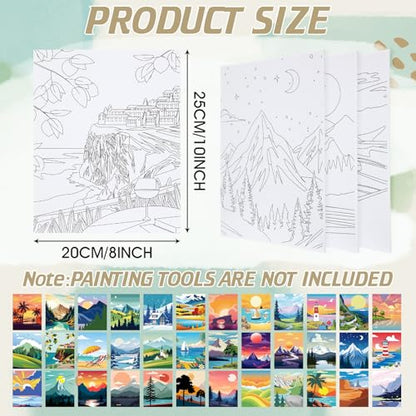 Harloon 36 Pcs 8 x 10 Inch Pre Drawn Canvas for Painting Pre Stretched Canvas Painting for Adults Illustration Landscape Outline for Sip and Paint Party Supplies Favor - style: Mountain