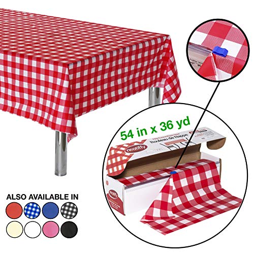 Neatiffy Disposable Plastic Tablecloth Roll | Indoor/Outdoor Table Cloth | Table Cover for Rectangle, Square, Round Tables | Picnic, Party, Banquet, Birthday, Wedding - 54 in x 108 ft - Red Checkered - color: Red Gingham