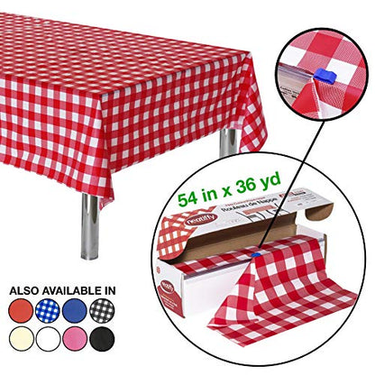 Neatiffy Disposable Plastic Tablecloth Roll | Indoor/Outdoor Table Cloth | Table Cover for Rectangle, Square, Round Tables | Picnic, Party, Banquet, Birthday, Wedding - 54 in x 108 ft - Red Checkered - color: Red Gingham