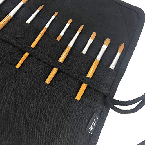 30 Pockets Artist Paint Brush Holder, Canvas Roll Up Case Bag & Storage Organizer Pouch Case- Store Brush, Pens Tools - color: Black