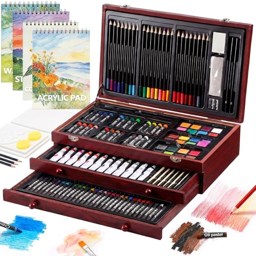 194 Piece Deluxe Art Set, Painting Drawing Art Supplies with 4 Drawing Pads, Acrylic Paints, Crayons, Colored Pencils Set in Wooden Case, Art Kit Gift Box for Kids, Teens, Adults, Artists, Beginners - color: Red