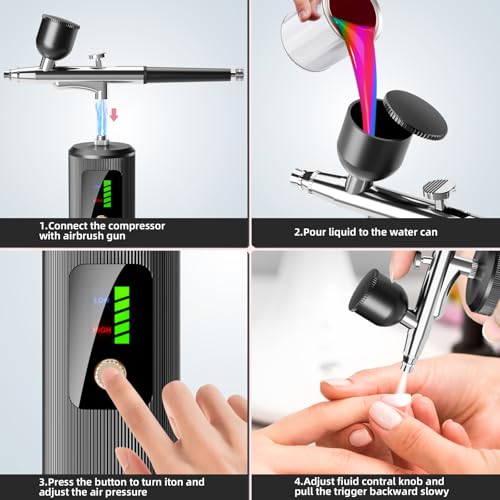 Airbrush Kit with Compressor - 48PSI High-Pressure, Non-Clogging Air Brush Set Cordless Rechargeable with 0.3mm Nozzle, Ideal for Painting, Modeling, Cake Decor, Pastry, Makeup, Nail Art (Black)