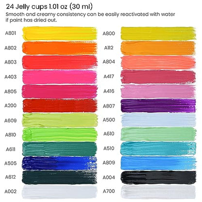 ARTEZA Gouache Paint Set, 24 Jelly Paint Tubs, 30 ml/1 fl oz, Opaque Colors