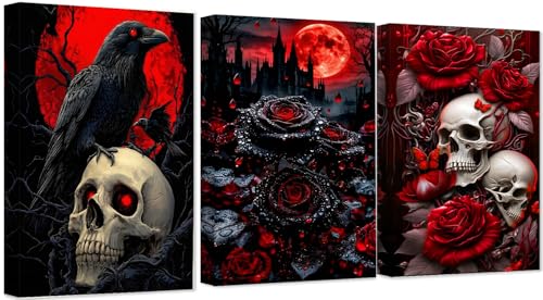 Clendo 3 Pack Halloween Diamond Art Kits - DIY 5D Crow Skull Diamond Painting Kits for Beginners, DIY Full Drill Horror Diamonds Painting Kit Pictures with Diamonds Gem Art Home Wall Decor 12'' x16'' - color: JX0329