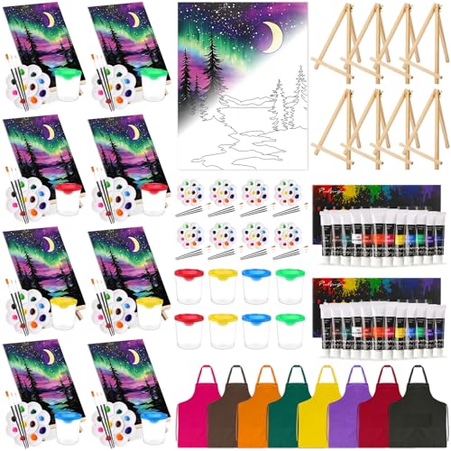 Cholemy 8 Set Paint and Sip Kit for Adults 8'' x 10'' Pre Drawn Canvas with Wooden Easels Acrylic Paint Brushes Wash Cup Palette Apron for Painting DIY Date Night Party Supplies (Moonlit Night) - style: Moonlit Night