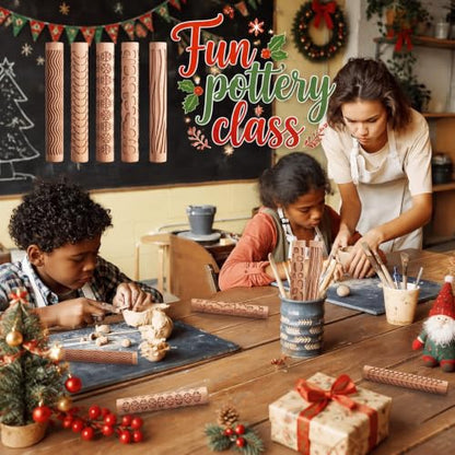 Yookeer 5 Pcs Mini Embossed Rolling Pin Set for Pottery Clay Cookies | 5.9 Inch, No Handle Design, Leaves Snowflake Pebbles Curve Tree Lines Pattern, Wood Material, Cute Kitchen Tool