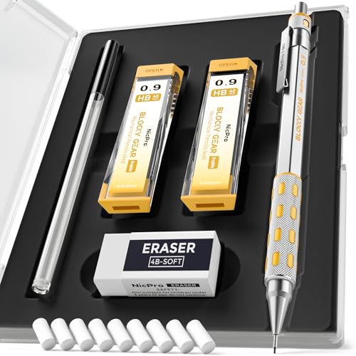 Nicpro Blocky Gear 0.9 mm Mechanical Pencils Set, Metal Pencil with Case | 120 Lead Refills, Erasers+9 Eraser Refill, Hexahedral Barrel, Mechanical Pencil Bulk, for Professional Sketching Drafting - size: 0.9 mm