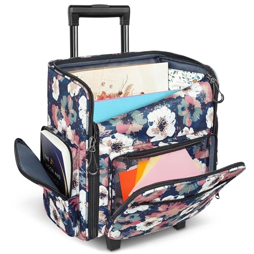 YOREPEK Large Rolling Craft Bag Wheels, Briefcase Gift for Crafter Teacher | Roller Scrapbook Tote, Water Resistant Scrapbooking Rolling Briefcase for Scrap Book Stickers Supplies and Tools, Floral