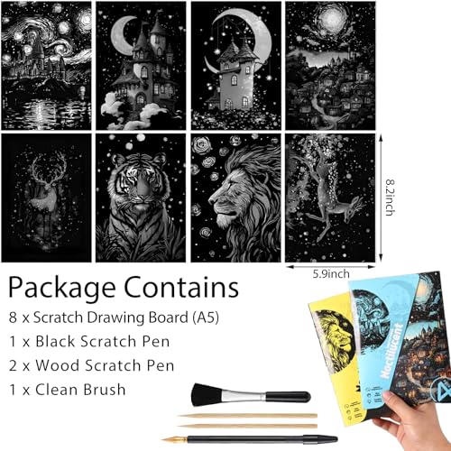 Glow in The Dark Scratch Art Kit - 8 Sheet Rainbow Scratchboards(A5) | Creative Engraving Craft Supplies for Teens & Adults | DIY Projects & Sketching Activity | ASMR Stress-Relieving(Castles/Animals) - color: Castles/Animals