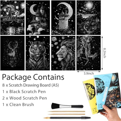 Glow in The Dark Scratch Art Kit - 8 Sheet Rainbow Scratchboards(A5) | Creative Engraving Craft Supplies for Teens & Adults | DIY Projects & Sketching Activity | ASMR Stress-Relieving(Castles/Animals) - color: Castles/Animals