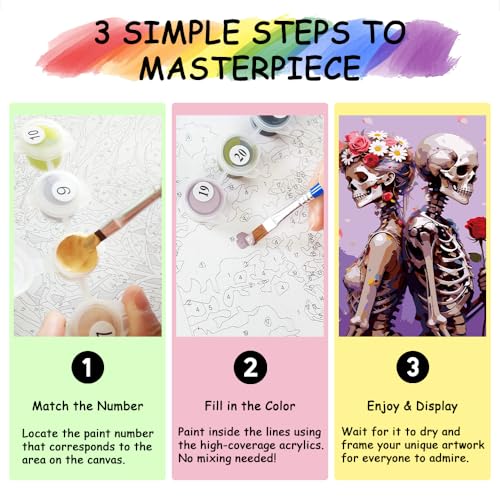 TFIAVSIN Romantic Skeleton Couple Paint by Numbers Kit for Adults, Beautiful Art with Roses and Flower Crown, Adult Paint by Number Kits on Pre-Printed Canvas for DIY Arts & Crafts - 16x20 Inch - color: Skeleton