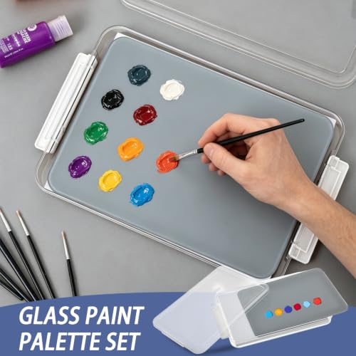 9 x 12 Inch Neutral Grey Tempered Glass Palettes, Paint Palette with Container & Lid & Sponge for Oil Painting, Scratch Resistant Keep Wet Artist Palette for Artist DIY Color Mixing Travel Outdoor