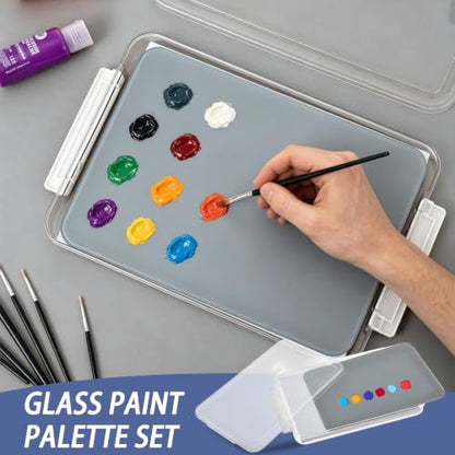 9 x 12 Inch Neutral Grey Tempered Glass Palettes, Paint Palette with Container & Lid & Sponge for Oil Painting, Scratch Resistant Keep Wet Artist Palette for Artist DIY Color Mixing Travel Outdoor