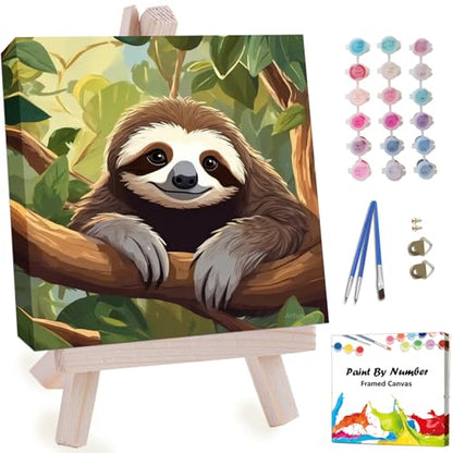 Artunion Framed Paint by Numbers Kit for Adults Beginners & Kids Ages 8-12,Cute Sloth Paint by Number with Frame,Animal Paint by Numbers Kit on Canvas 10 * 10 Inch Without Easel - color: ZXT-328-F
