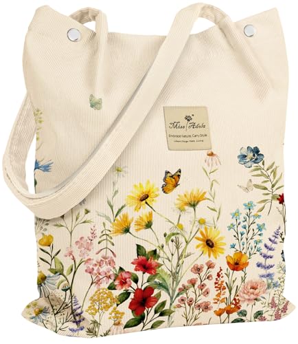 Miss Adola Corduroy Tote Bag for Women with Aesthetic Design | Magnetic Buckle & Pocket, Reusable, Soft, Roomy, Long Shoulder Handles, Double-sided Print, Casual Daily Work, Grocery Bags - color: New Vintage Flower