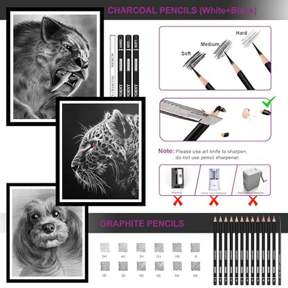 HIFORNY 42 PCS Drawing Set, Sketching Kit with Graphite & Charcoal Pencils, Blending Tools, Erasers & Accessories, Portable Zippered Travel Case for Artists & Beginners