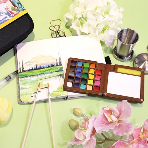 Pagather Travel Watercolor Travel Set, 24 Colors Mini Portable Paint Kit | Includes Water Brush and Compact Design, Perfect for Beginners, Hobbyists and Artists to Create Beautiful Paintings Anywhere