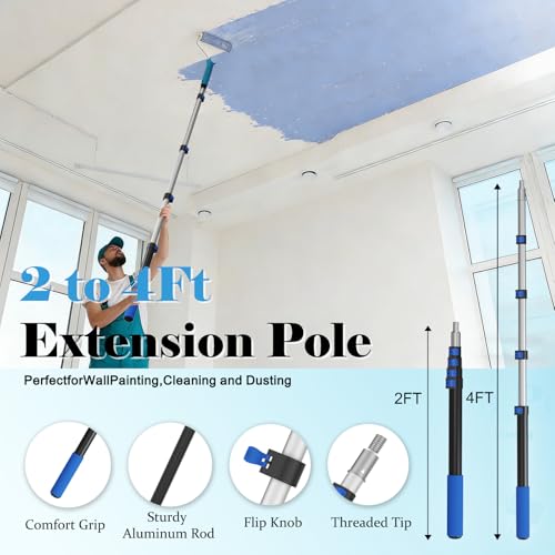 Paint Roller Kit with Extension Pole, 2-4FT Adjustable Pole, Professional 27-Piece Paint Kit, 4"9" Paint Rollers, Paint Brushes for Walls, Works with All Latex, Oil-Based Paints and Wood Finishes - color: Blue