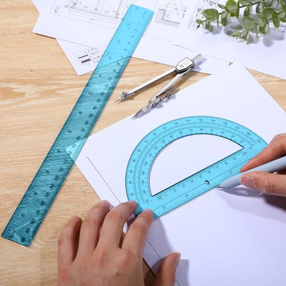Zonon 3 Pcs 12" Clear Plastic Ruler 6 Inch Protractor Compass Set, Blue - color: Blue, size: 12 Inch