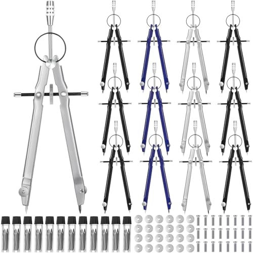 Zonon 12 Pcs Compass for Geometry Drawing Metal Compass with Extra Refills and Screws Circle Maker Back to School Circle Drawing Tool for Math Drafting Measuring Woodworking Office, 3 Colors