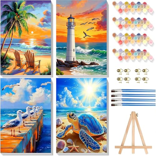4 Pack Beach Paint by Numbers for Adults with Framed Canvas 8x12 inch - color: BKH2089+BKH2090+BKH2091+BKH2092