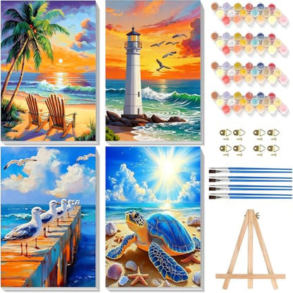 4 Pack Beach Paint by Numbers for Adults with Framed Canvas 8x12 inch - color: BKH2089+BKH2090+BKH2091+BKH2092