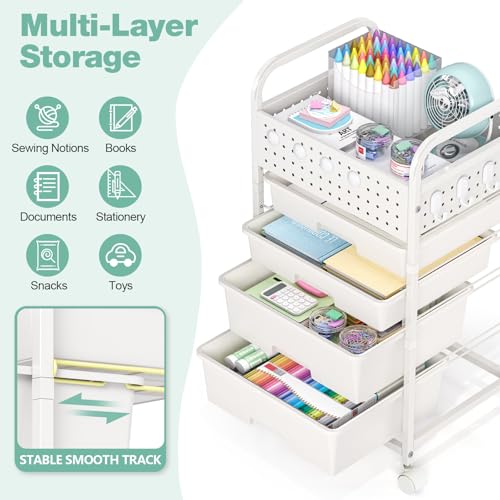 SYKIARIOL 4 Drawer Rolling Storage Cart with Pegboard Top and Hooks, White - color: White, size: 4-Drawers
