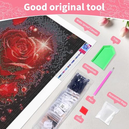 Hydrangea Diamond Painting Kits for Adults-Flowers Diamond Art Kits for Adults,5D Diamond Painting Flowers,DIY Full Drill Diamond Painting Flower Gem - color: Love Red Rose