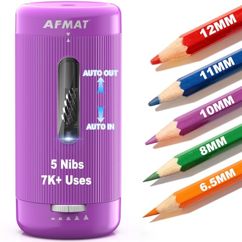 AFMAT Electric Pencil Sharpener, Auto in & Out, 5 Nibs, 7K+ Uses, Fully Automatic Pencil Sharpener for Classroom, Rechargeable Hands-Free Sharpeners for Jumbo/Colored Pencils (φ6.5-12mm) PSC3(Purple) - color: Purple