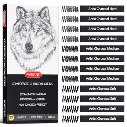 PANDAFLY Compressed Charcoal Sticks, 12 Pack, Soft Medium & Hard | Black Square Vine Charcoal Sticks for Drawing, Sketching, Shading, Charcoal Drawing Set for Beginners & Pro Artists
