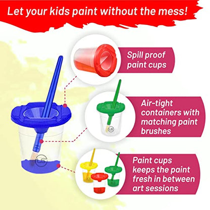 Kids Painting Set, Bulk Washable Paint for Toddlers & Cups Gift Bundle | Bulk Tempera Paint 6 Colors, 16 oz Ea, 6 No Spill Paint Cups, 6 Paintbrushes, Great Non-Toxic, Mess-Free Classroom Supplies