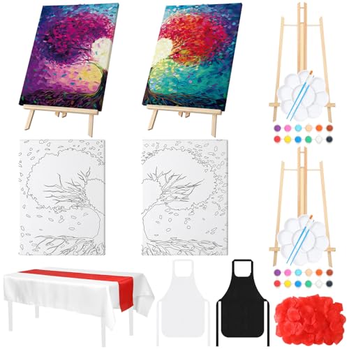 Zhanmai 2 Pack Sip and Paint Kit for Couples Date Night | 12 x 16 Inch, Love Tree Pre Drawn Canvas, Paint Party Supplies, Romantic Adult Activity, Includes Easels Aprons Brushes Set - size: 12 x 16 Inch, style: Tree of Love