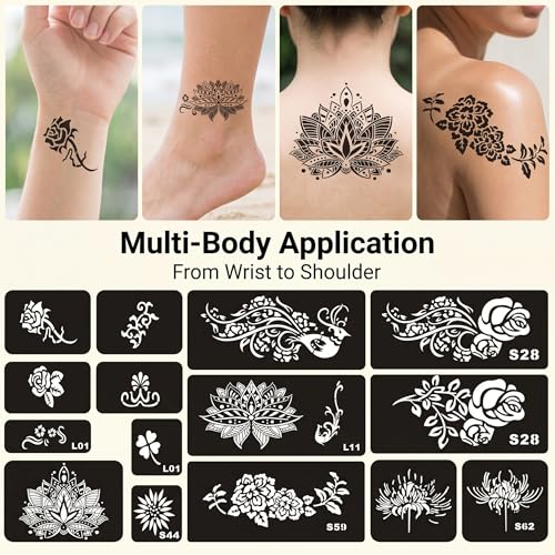 Henna Lotus Tattoo Templates Kit, 6 Sheets | 32pcs Patterns, Large Indian Arabian Flower Designs, Self Adhesive, For Hand Arm Body Art Paint