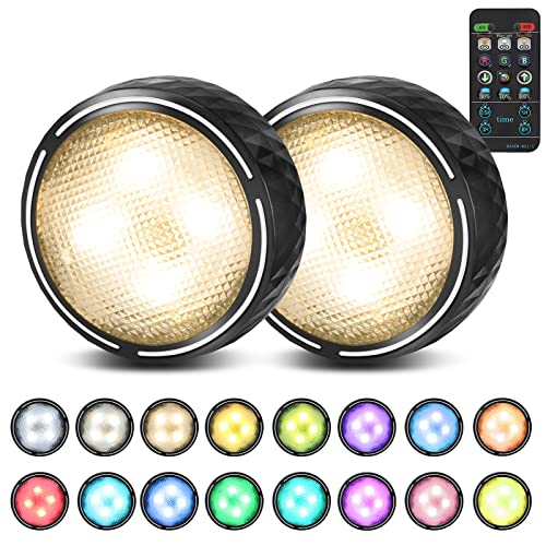 Onumii Battery Operated Under Cabinet Lighting with Remote, Wireless LED Puck Lights Color Changing with Timer, Stick On Closet Lights for Kitchen Cabinets Shelf Display - 2 Pack Black - color: Black, size: 2 Pack
