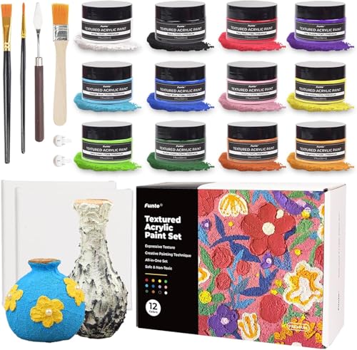 Funto Textured Acrylic Paint Set, 12 Colors, Complete Painting Kit with Tools and Canvases, Professionals Art Craft Painting Supplies Kit, Non-Toxic - color: Assorted