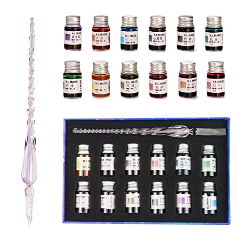 Glass Pen Set Calligraphy Dip Pens,12 Colorful Inks,Caligraphy Sets for Art, Writing, Signature, Decoration, Gift - color: Pink